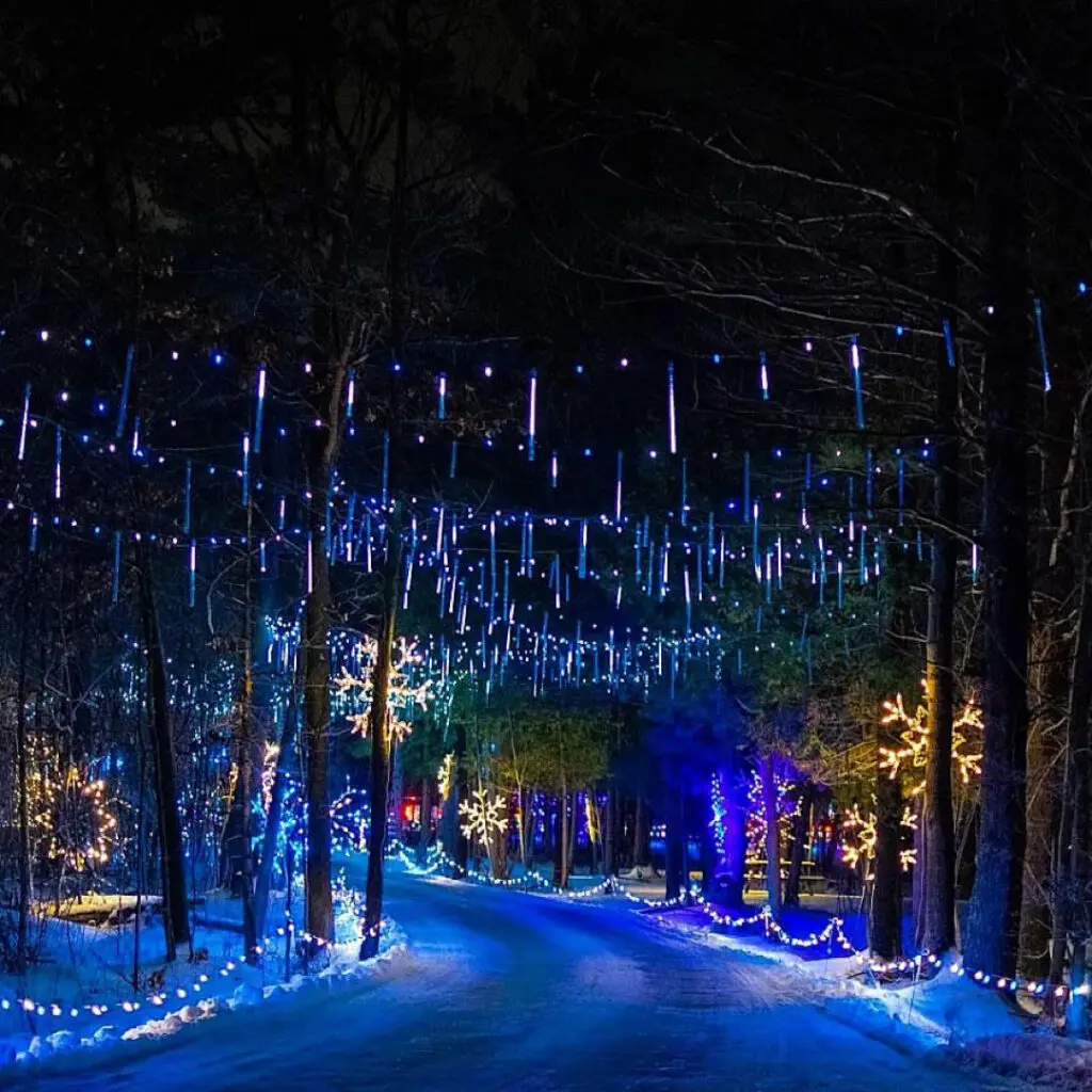 An illuminated path with hundreds of twinkling holiday lights at the Magic of Lights event in Ottawa.