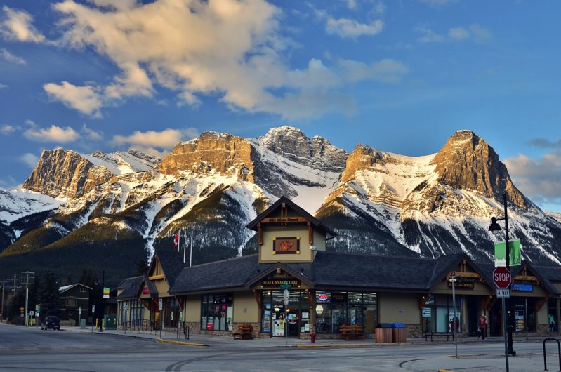 The view of the mountains from Downtown Canmore - a great view for a Calgary day trip