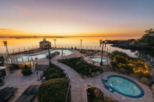 A sunrise over the pools at Oak Bay Beach Hotel