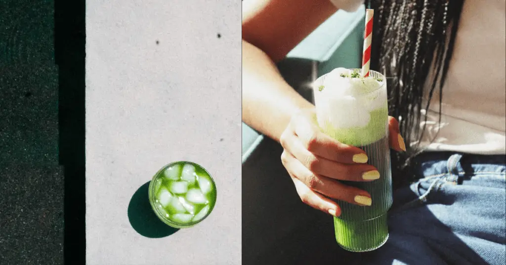 Glass of matcha sitting on the side of a pool outside in the sun. Second image shows a persons torso sitting down with an iced matcha.
