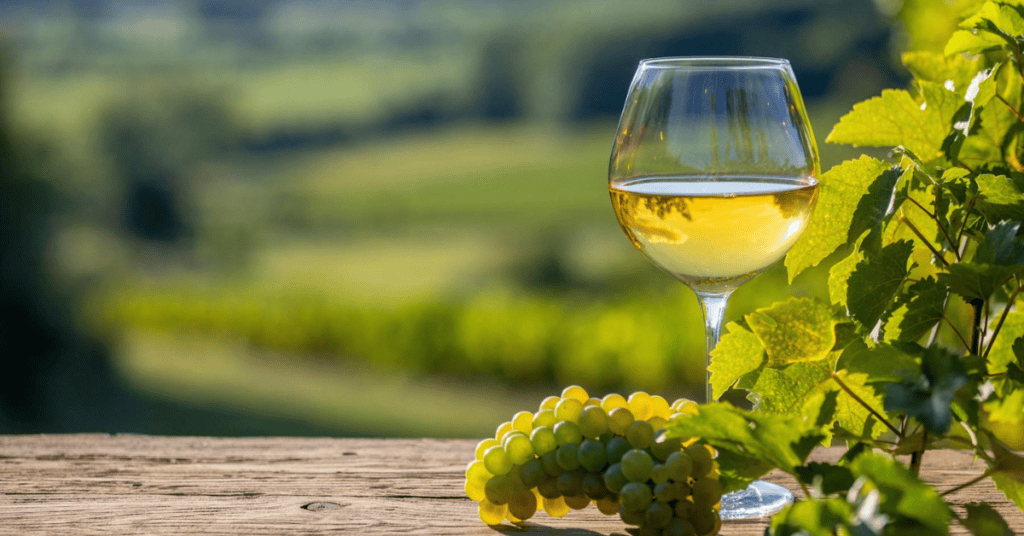 white wine in a stemmed glass with green grapes and green leaves beside it, with a blurried out landscape view for a background