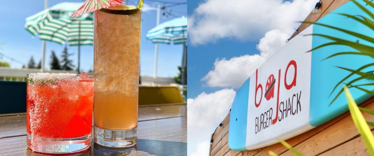 Two tropical summer cocktails from Umbrella Bar are pictured on the left and the Baja Burger Shack sign is pictured on the right.