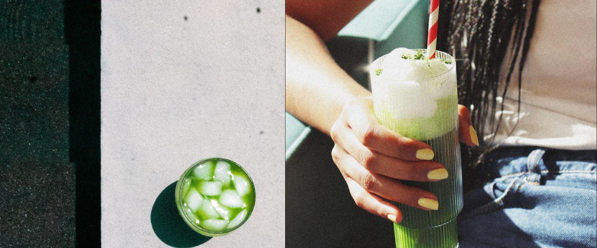 Glass of matcha sitting on the side of a pool outside in the sun. Second image shows a persons torso sitting down with an iced matcha.