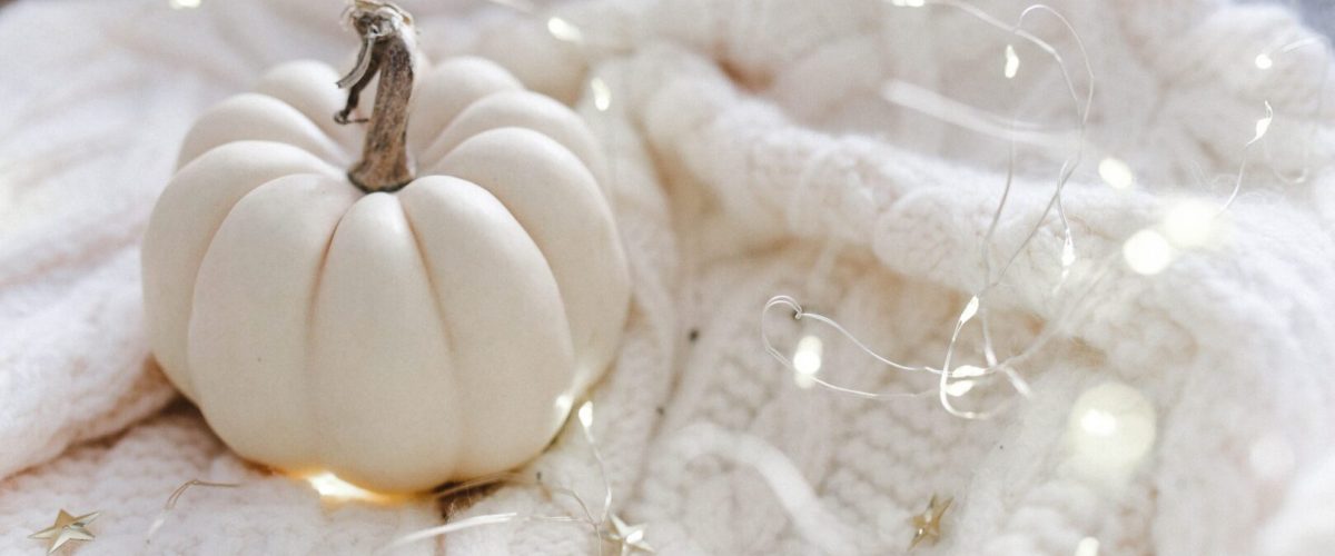 Little white pumpkin and string lights on a plush blanket