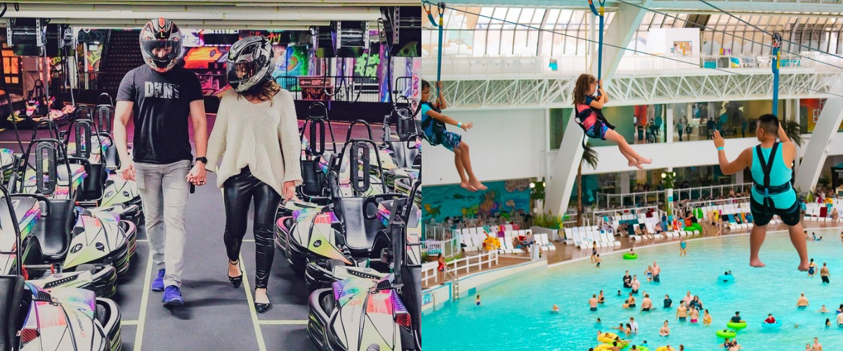 couple going indoor karting and family ziplining over indoor pool