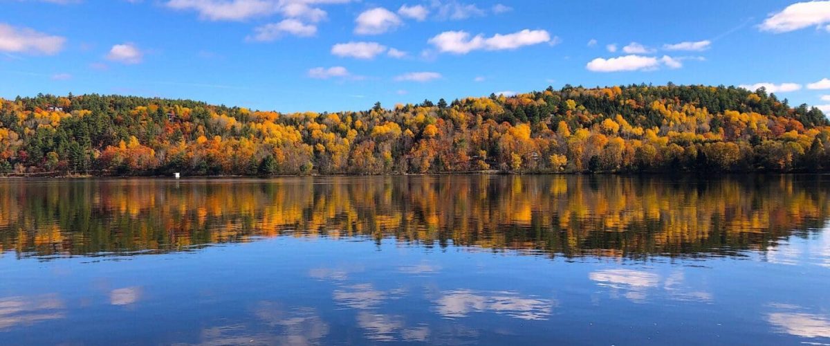 This image highlights the scenic walk along the river in the small town of Wakefield during the fall season.
